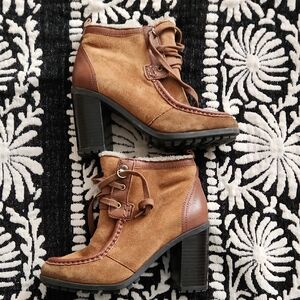 Sam Edelman Brown Suede & Leather Lace-Up Block Heel Ankle Boots